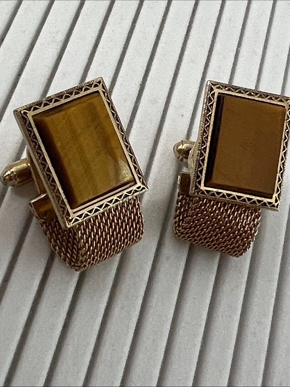 Gold-Tone Rectangular Tiger Eye Cuff Links with Woven Backing